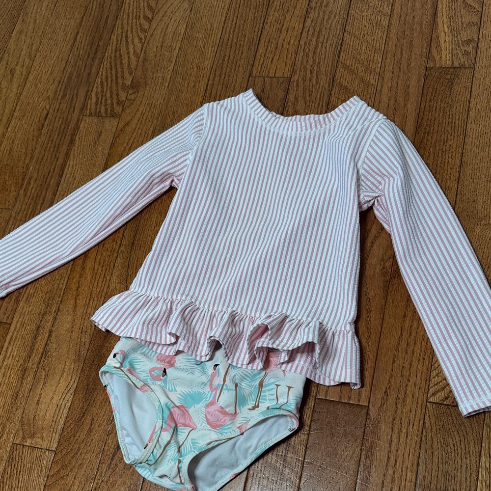 Kids Pink Striped Ruffle Rash Guard Swim Top with Flamingo Briefs ruffle butt